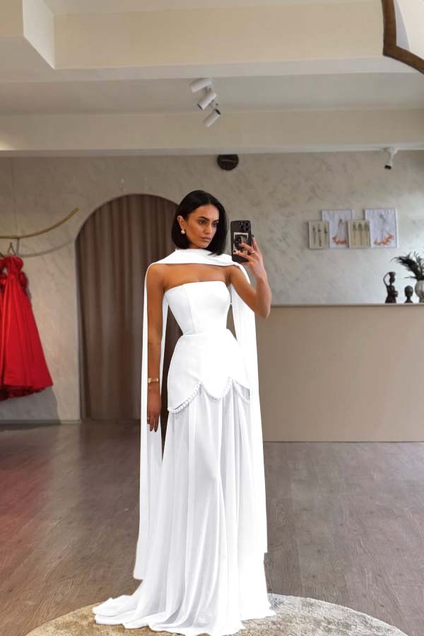 Glamorous White Satin Strapless Sleeveless Long Pleated Prom Dress with Beadings