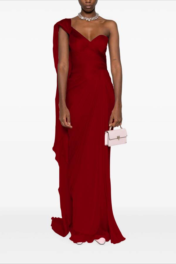 Charming Pink One Shoulder Sleeveless Pleated Prom Dress with Train