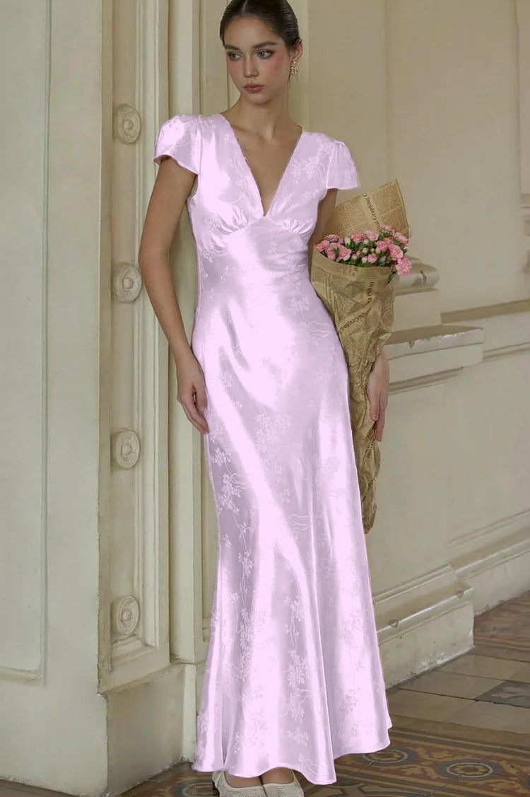 Stunning Silver Satin Sleeveless V Neck Long Prom Dress with Print