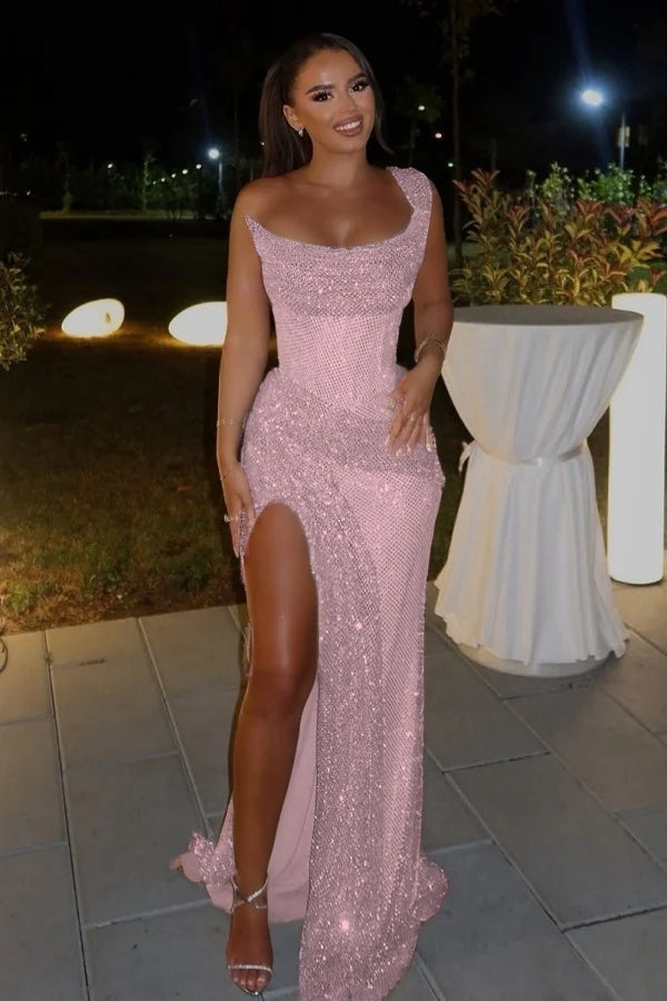 Glamorous Sequins One Shoulder Sleeveless Split Prom Dress with Pleated
