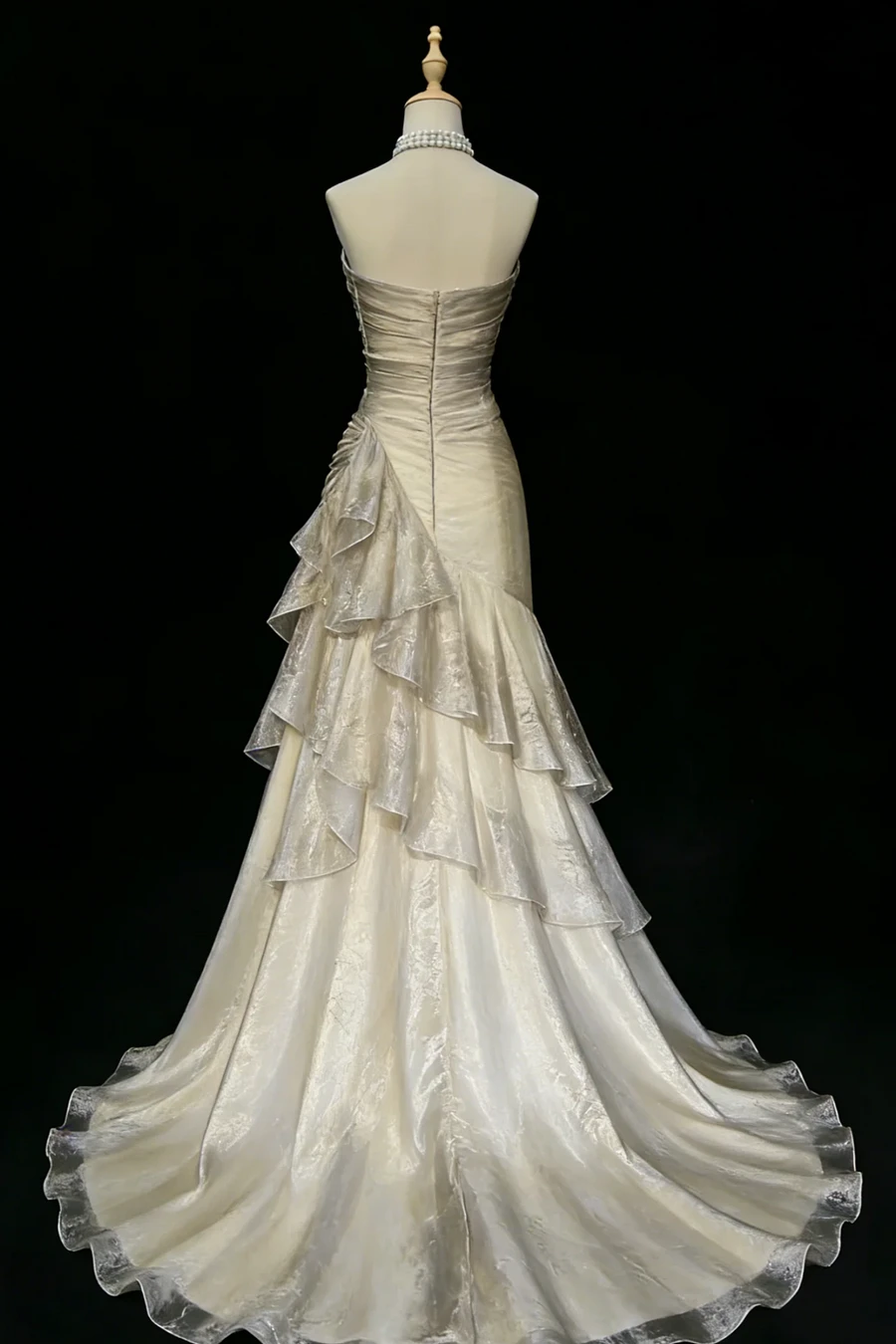 Stunning Beige Sleeveless Strapless Train Long Prom Dress with Ruffles