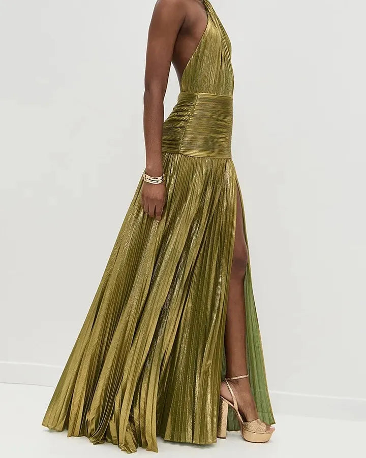 Charming Green Halter Sleeveless Backless Split Prom Dress with Pleated