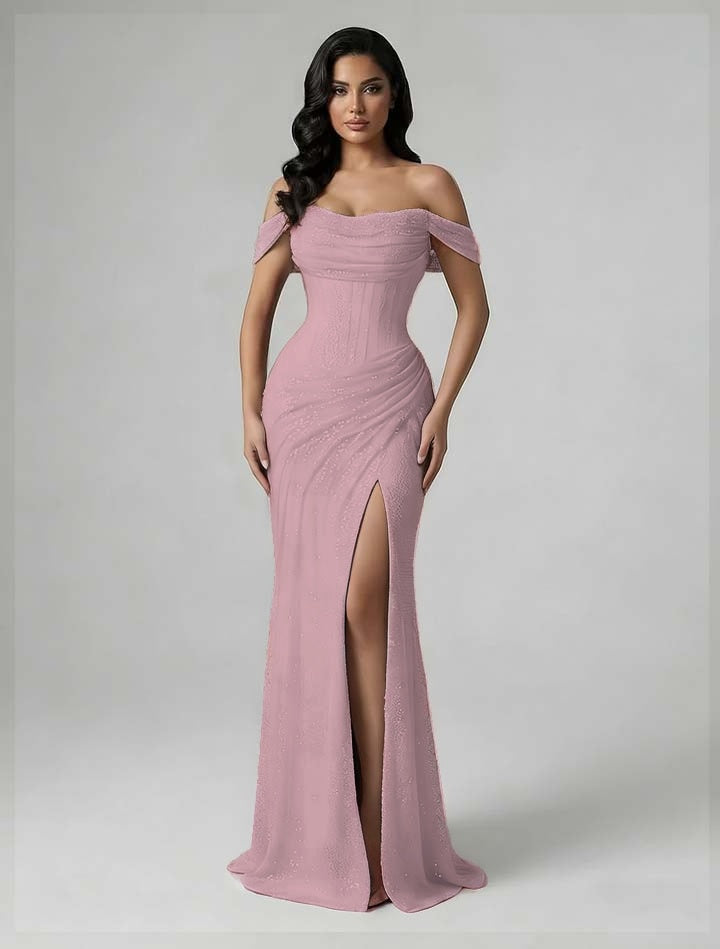 Charming Burgundy Off-The-Shoulder Pleated Prom Dress With Split