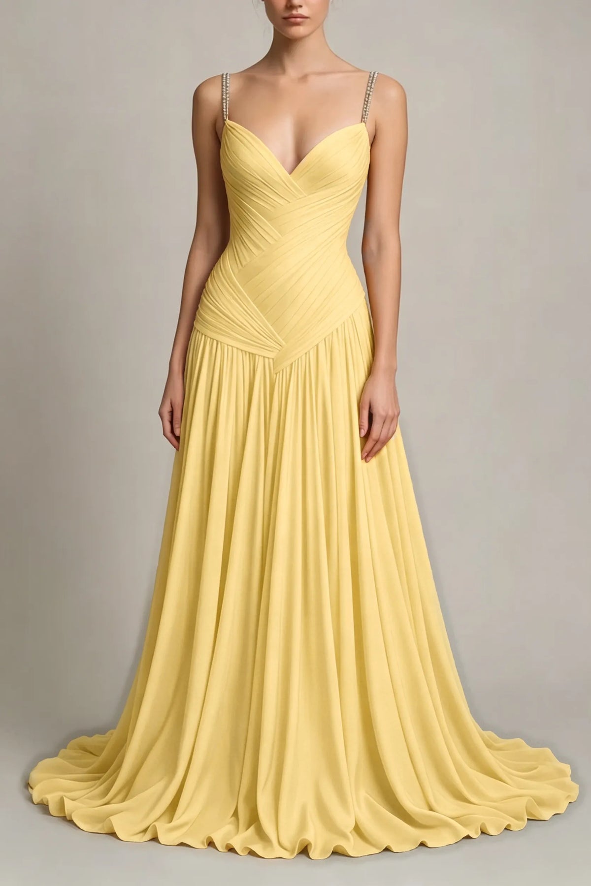 Charming Dusty Blue Sleeveless Spaghetti Strap Long Prom Dress with V Neck