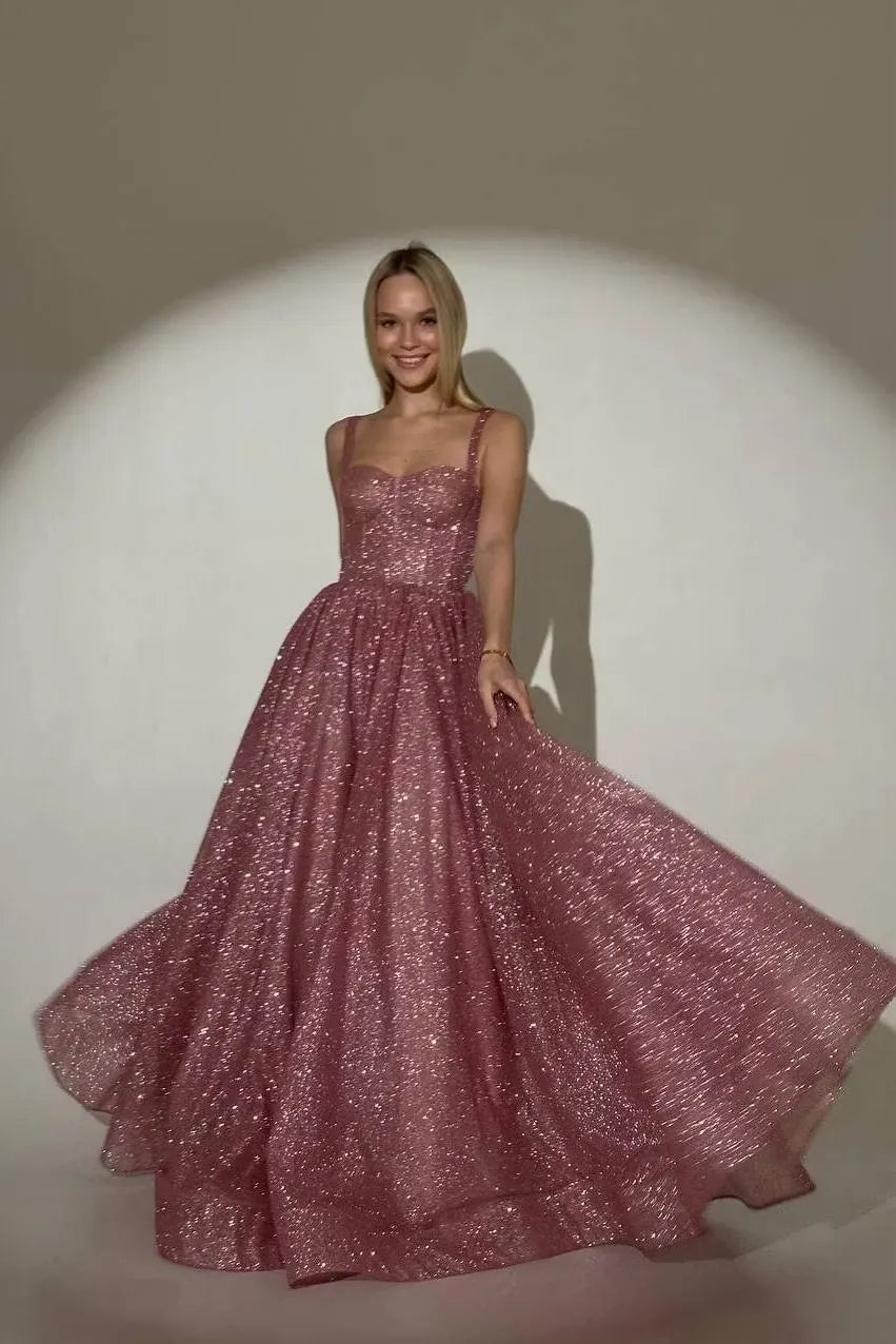 Charming Dusty Rose Sleeveless Spaghetti Strap Sweetheart  Long Prom Dress with Sequins