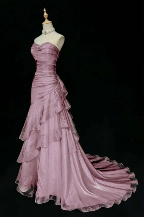 Stunning Beige Sleeveless Strapless Train Long Prom Dress with Ruffles
