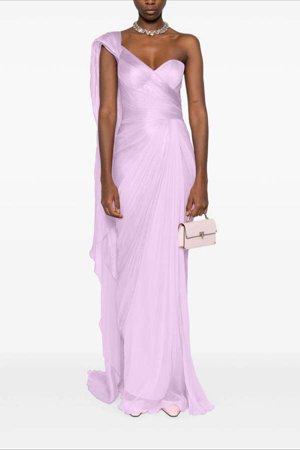 Charming Pink One Shoulder Sleeveless Pleated Prom Dress with Train
