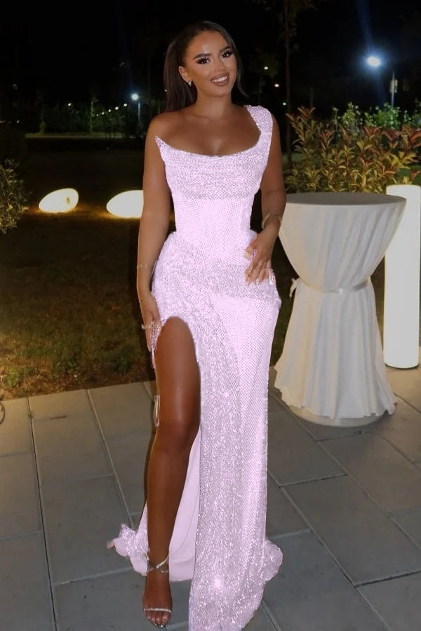 Glamorous Sequins One Shoulder Sleeveless Split Prom Dress with Pleated