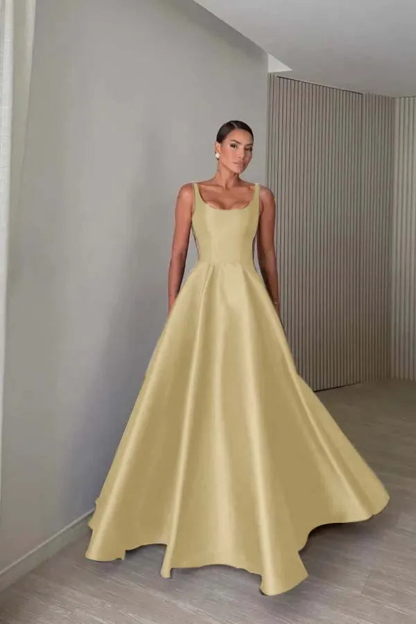 Elegant Satin Wide Shoulder Straps Sleeveless Backless Prom Dress