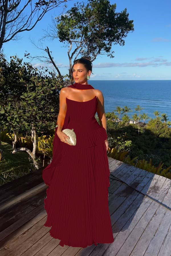 Chic Chiffon Strapless Sleeveless Pleated Prom Dress with Scarf