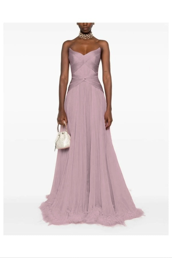 Chic Pink Sweetheart Sleeveless Pleated Prom Dress with Feather