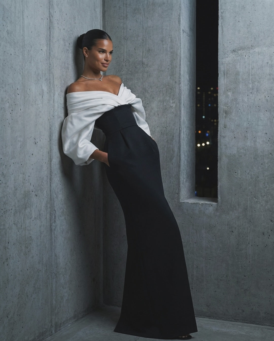 Charming  Long Sleeves Black And White Off-The-Shoulder Split Long Prom Dress