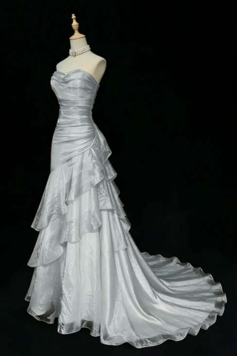 Stunning Beige Sleeveless Strapless Train Long Prom Dress with Ruffles