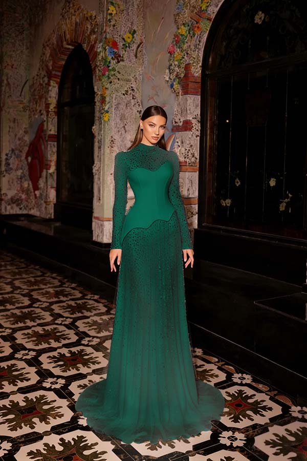 Stunning Ink Blue High Neck Long Sleeves Rhinestone Sweep Prom Dress