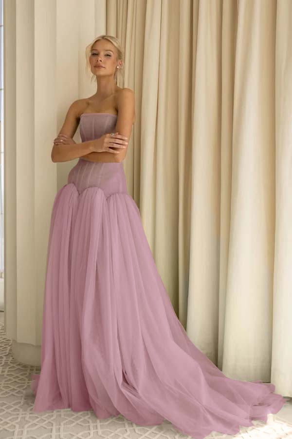 Sexy Sage Tulle Strapless Sleeveless Long Prom Dress with Pleated