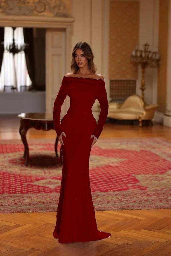 Chic Pink Lace Bateau Neck Long Sleeves Sequins Mermaid Prom Dress