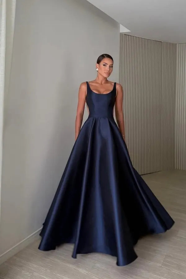 Elegant Satin Wide Shoulder Straps Sleeveless Backless Prom Dress