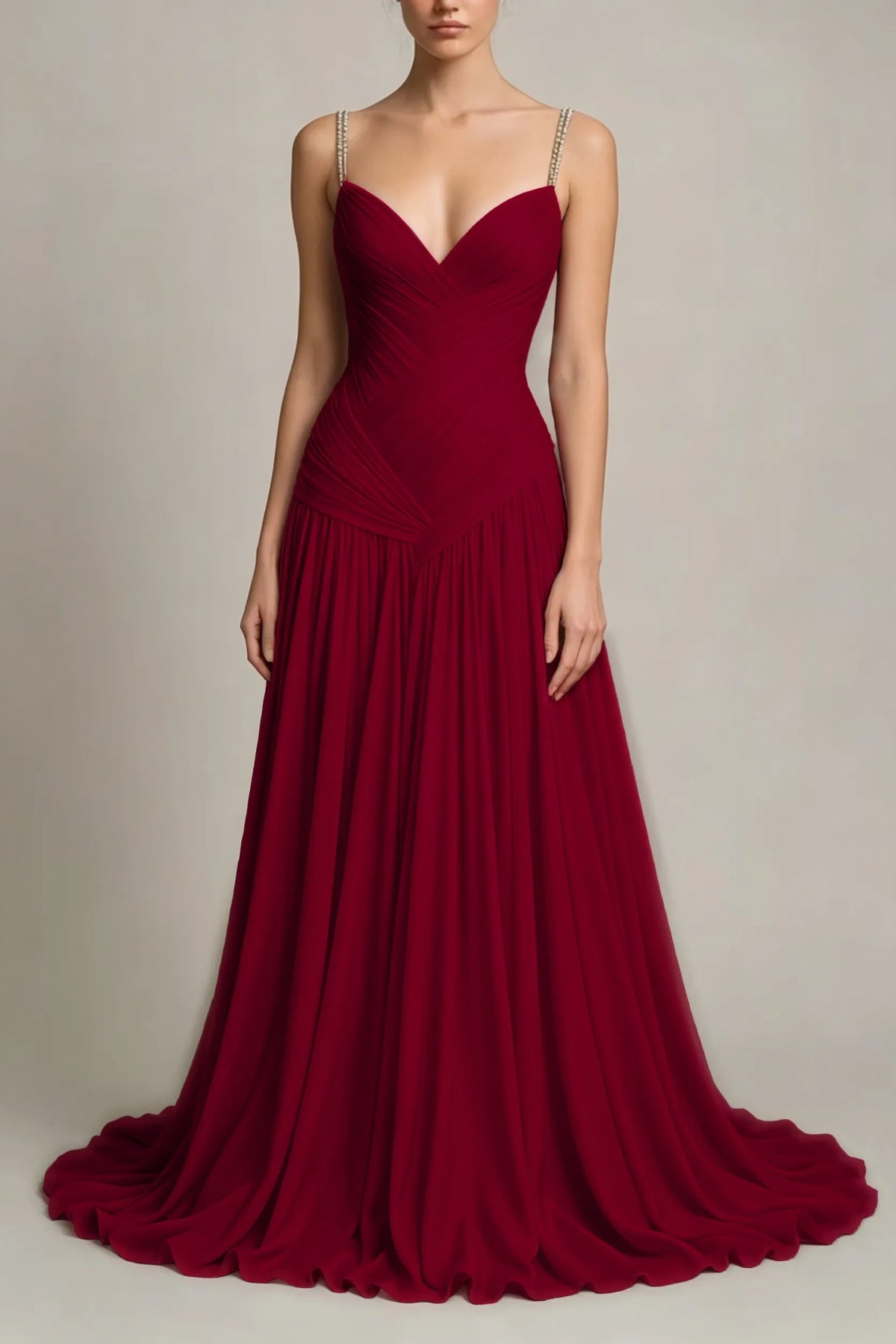 Charming Dusty Blue Sleeveless Spaghetti Strap Long Prom Dress with V Neck