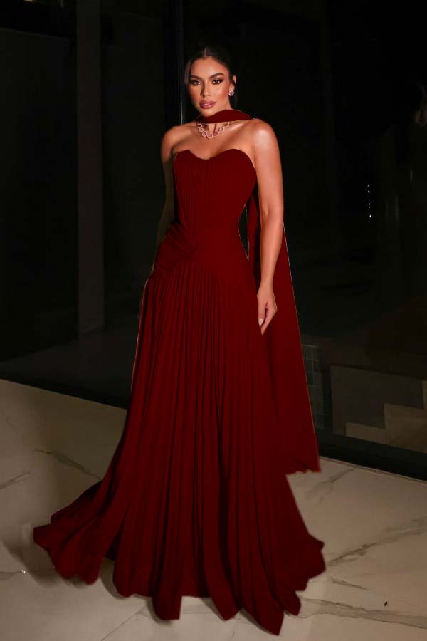 Glamorous Strapless Sleeveless Pleated Long Prom Dress with Scarf