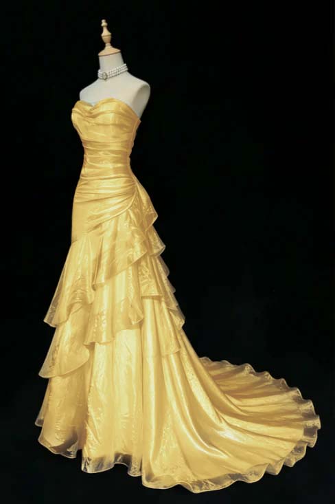 Stunning Beige Sleeveless Strapless Train Long Prom Dress with Ruffles