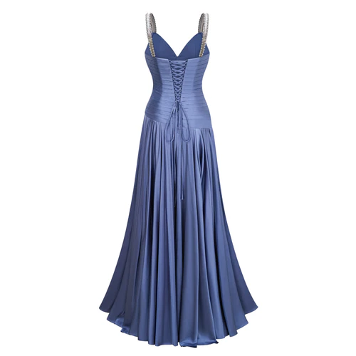 Charming Dusty Blue Sleeveless Spaghetti Strap Long Prom Dress with V Neck