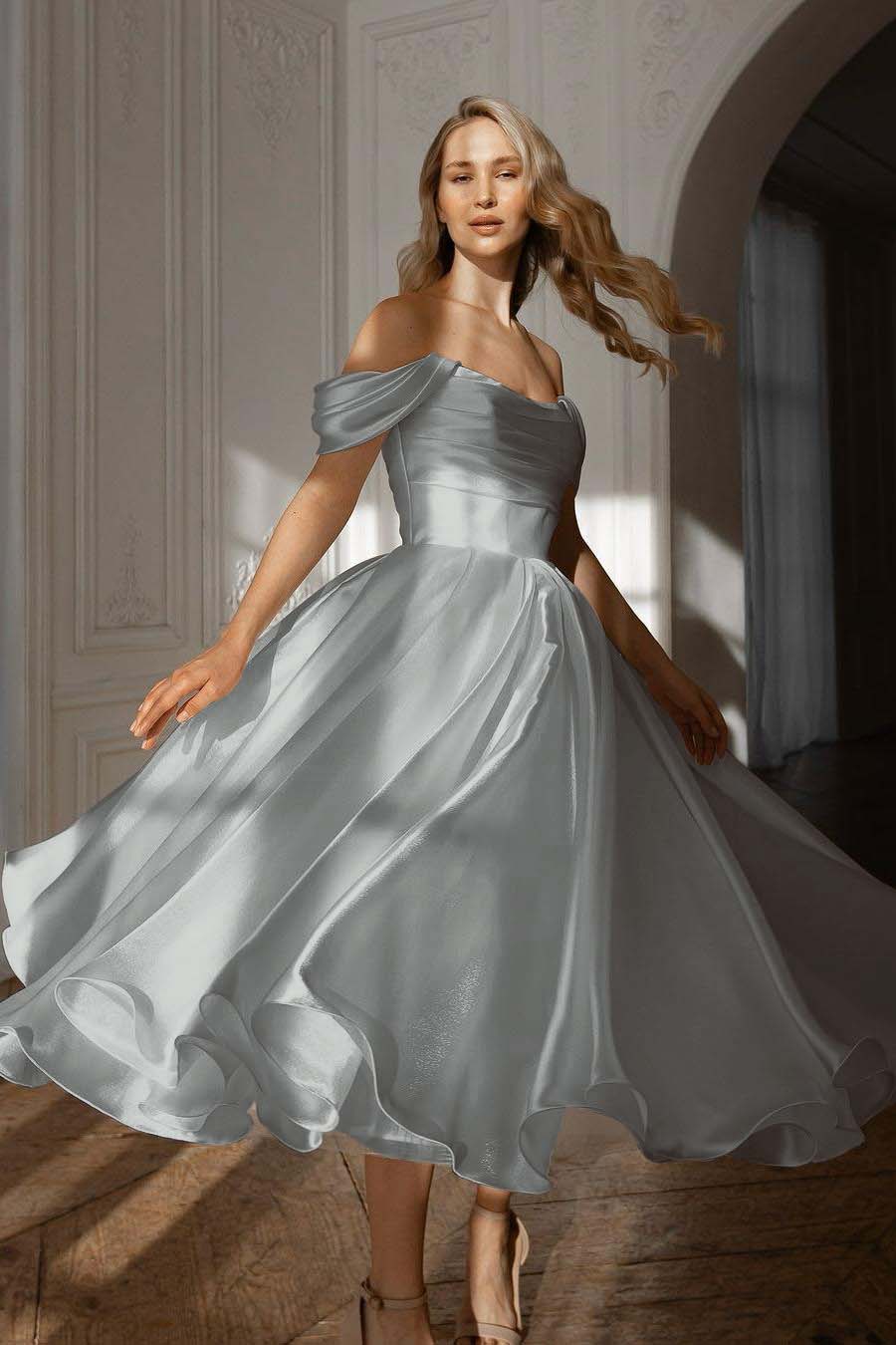 Exquisite White Satin Strapless Off the Shoulder A Line Prom Dress with Ruffles
