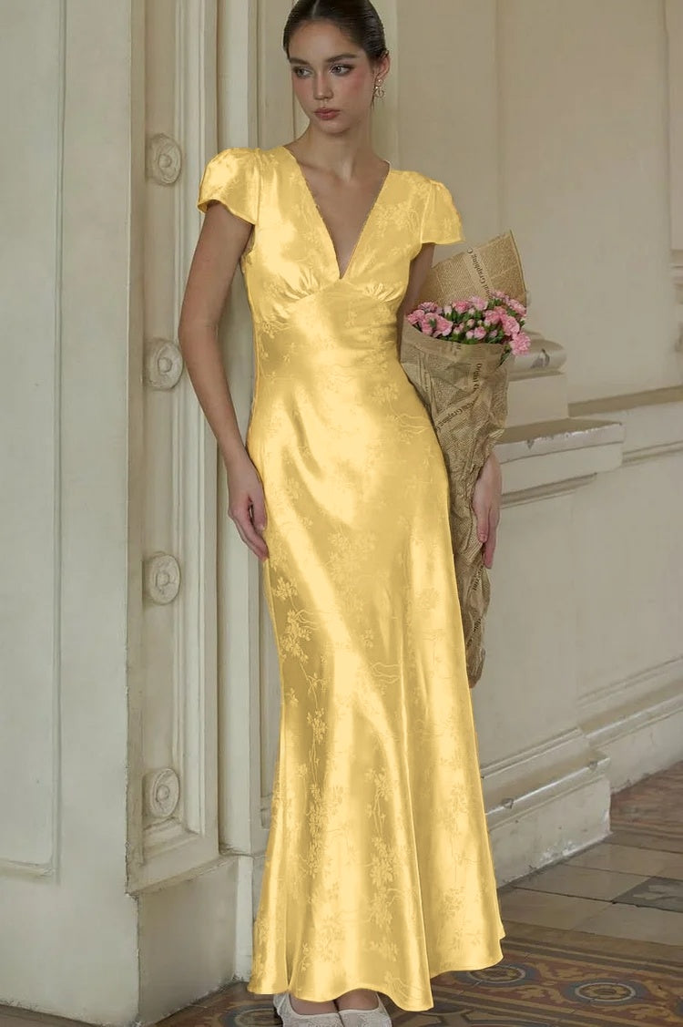 Stunning Silver Satin Sleeveless V Neck Long Prom Dress with Print