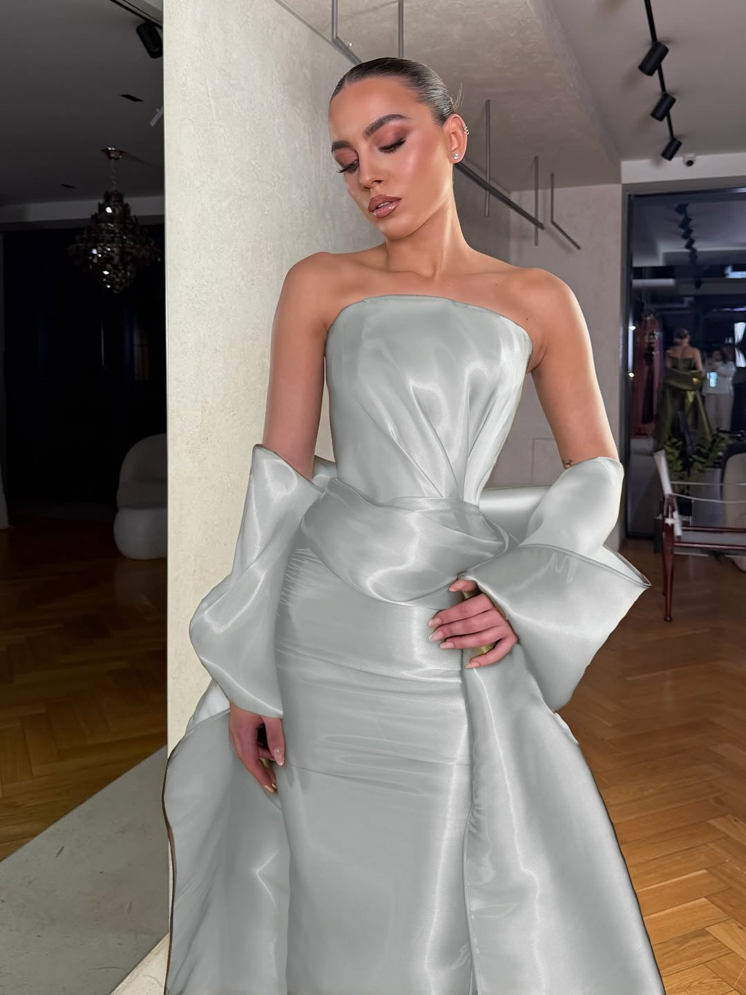 Dreamy Green Satin Strapless Sleeveless Long Prom Dress with Bow