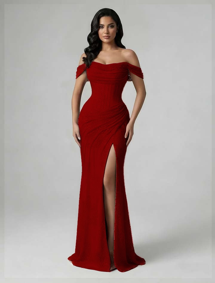 Charming Burgundy Off-The-Shoulder Pleated Prom Dress With Split