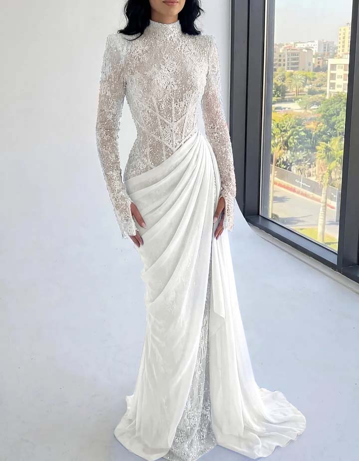 Chic High Neck Long Sleeves Beaded Applique Pleated Prom Dress with Train