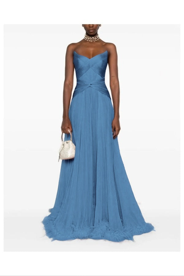 Chic Pink Sweetheart Sleeveless Pleated Prom Dress with Feather