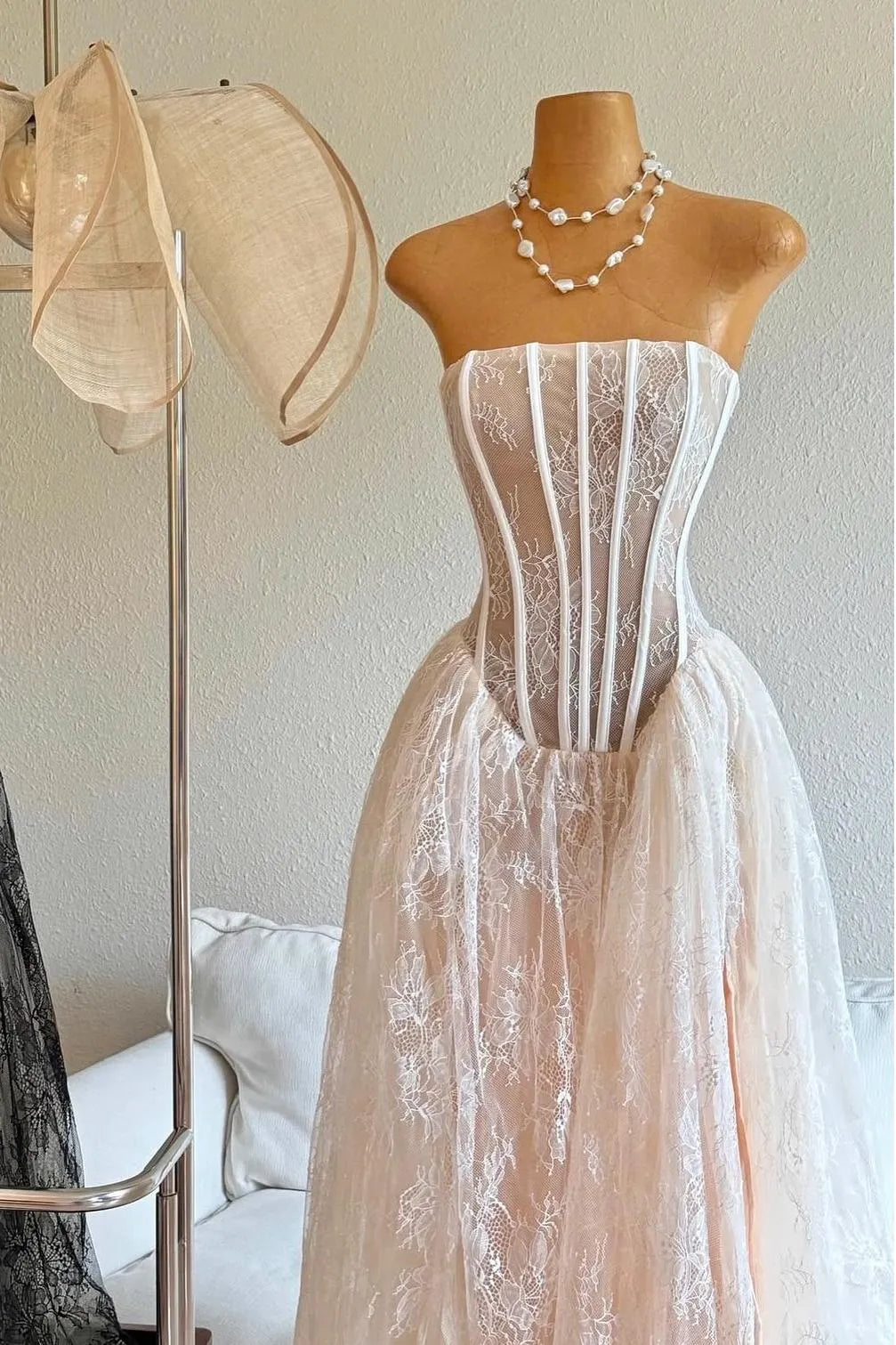 Exquisite White Lace Strapless Sleeveless A Line Prom Dress with Ruffles