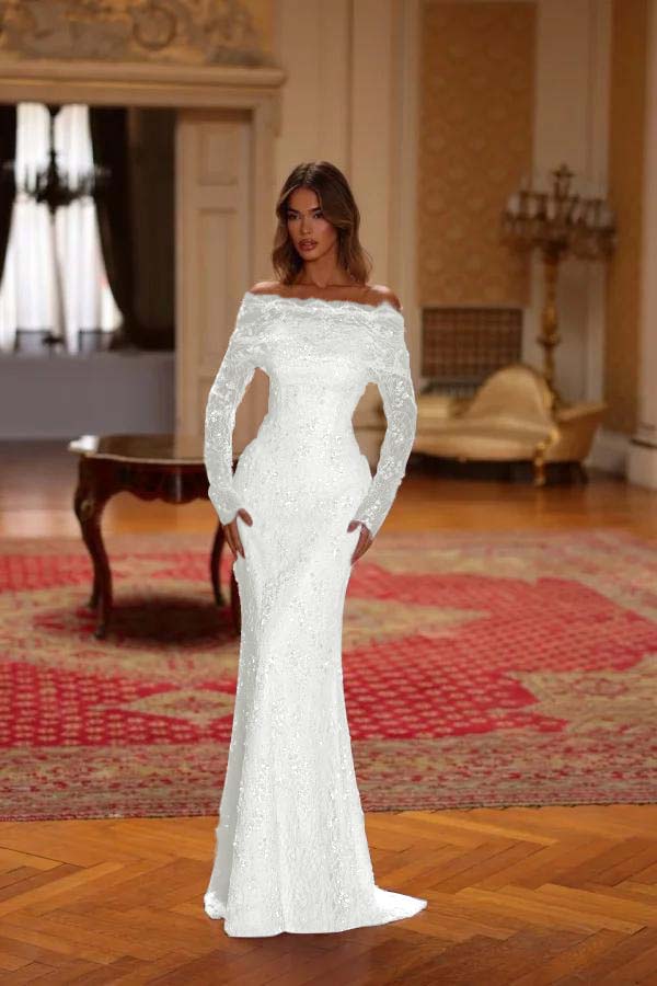 Chic Pink Lace Bateau Neck Long Sleeves Sequins Mermaid Prom Dress
