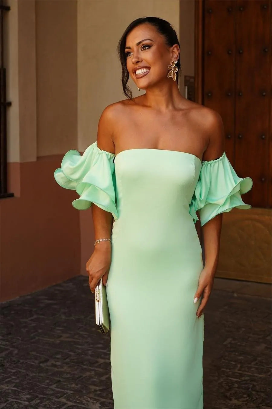 Glamorous Satin Off the Shoulder Strapless Slim Long Prom Dress with Ruffles