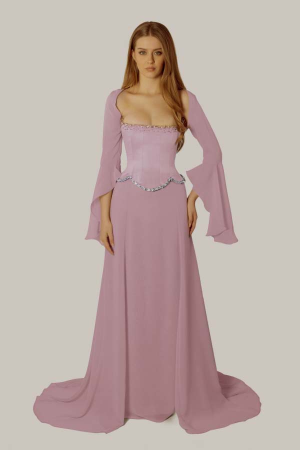 Stunning Square Neck Beaded Long Ruffles Sleeves Prom Dress