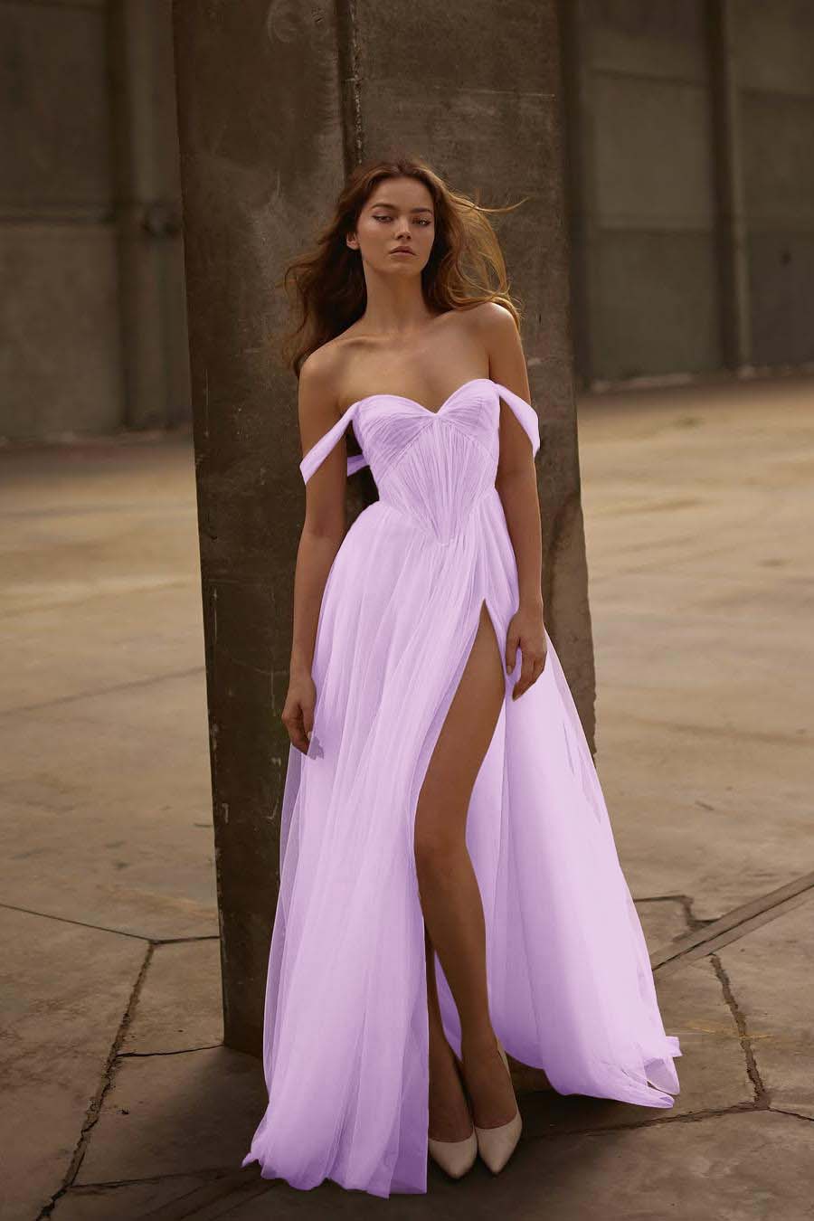 Beautiful Ivory Tulle Strapless Off the Shoulder Long Split Prom Dress with Ruffles