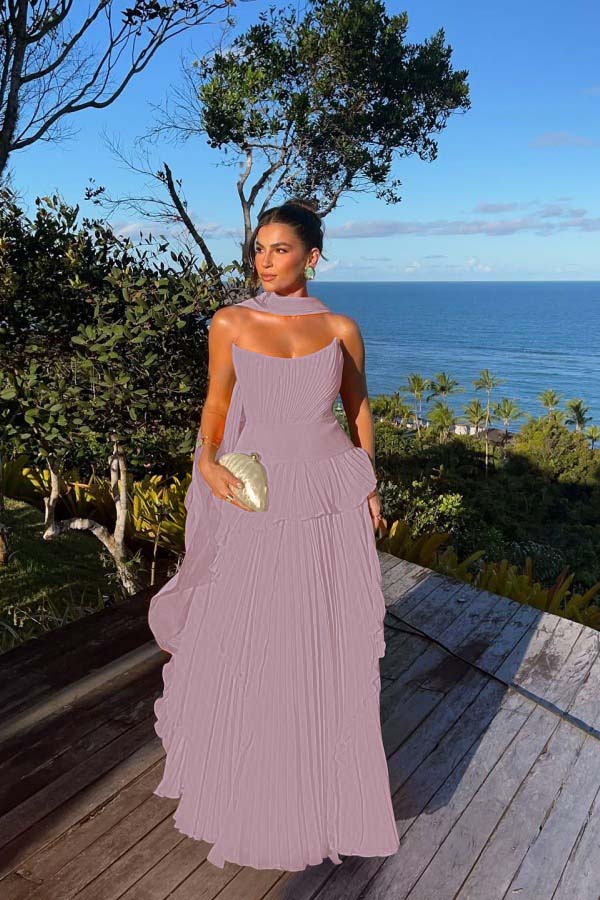 Chic Chiffon Strapless Sleeveless Pleated Prom Dress with Scarf
