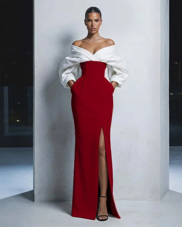 Charming  Long Sleeves Black And White Off-The-Shoulder Split Long Prom Dress