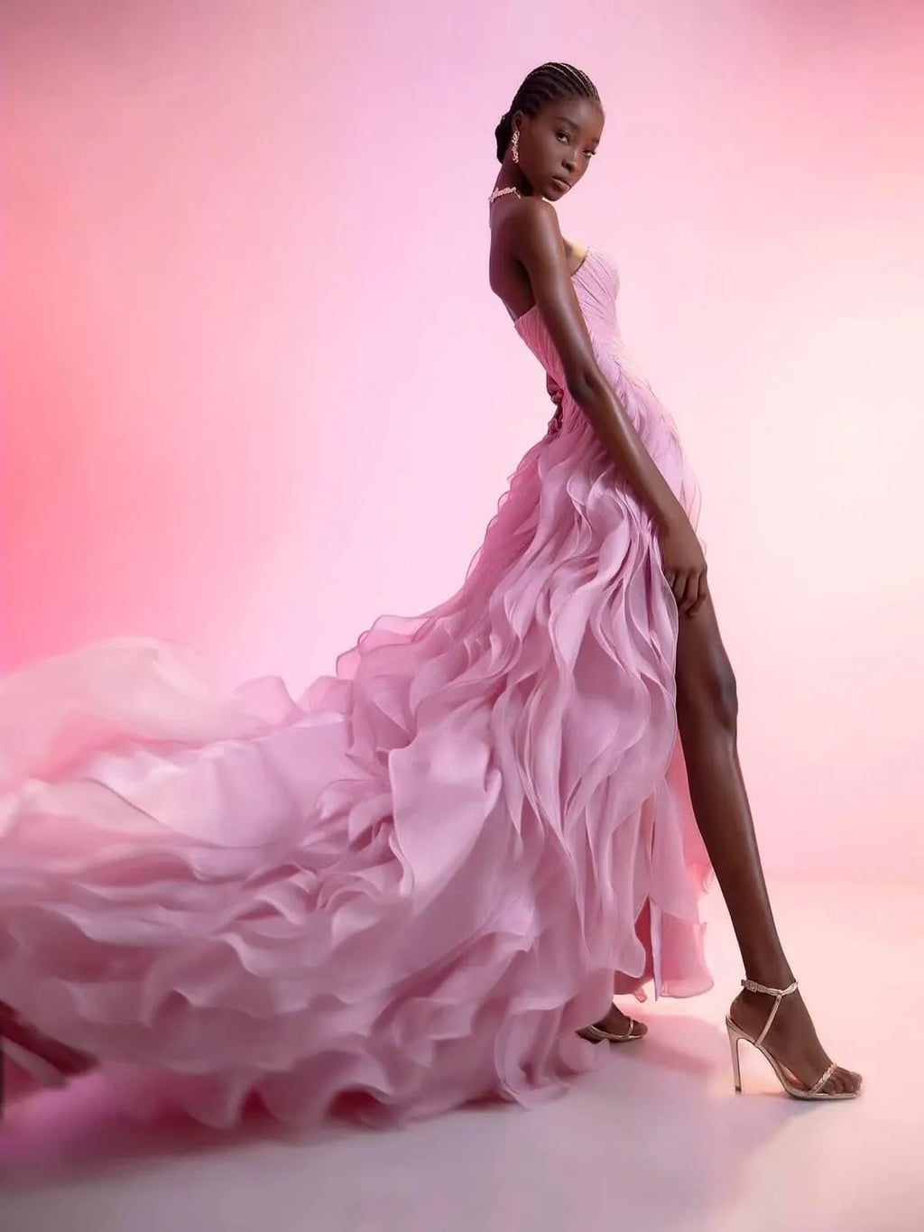 Stunning Pink Strapless Sleeveless Ruffles Pleated Split Prom Dress