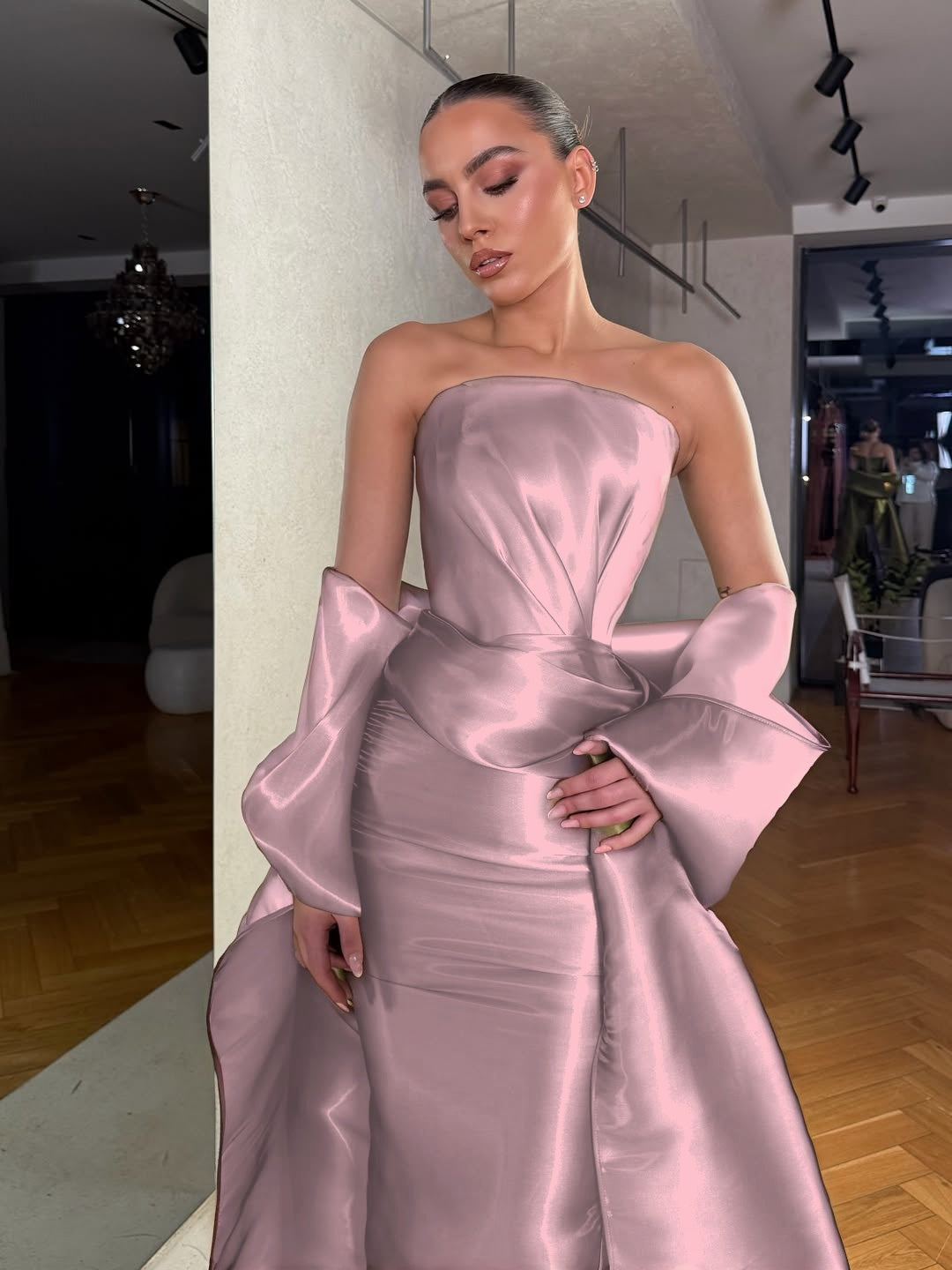 Dreamy Green Satin Strapless Sleeveless Long Prom Dress with Bow