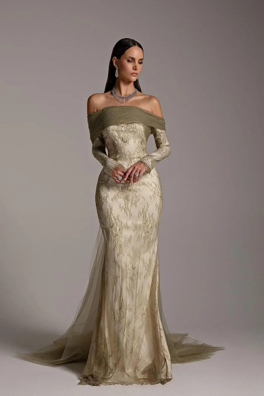 Stunning Prints Off the Shoulder Long Sleeves Mermaid Prom Dress with Pleated