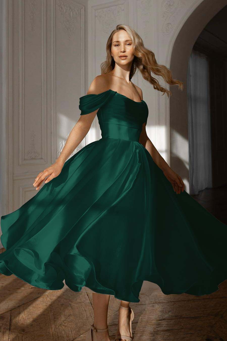 Exquisite White Satin Strapless Off the Shoulder A Line Prom Dress with Ruffles