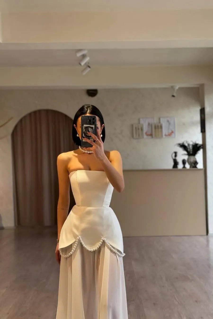 Glamorous White Satin Strapless Sleeveless Long Pleated Prom Dress with Beadings