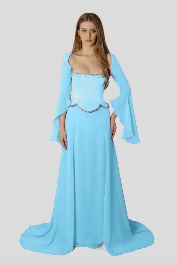 Stunning Square Neck Beaded Long Ruffles Sleeves Prom Dress