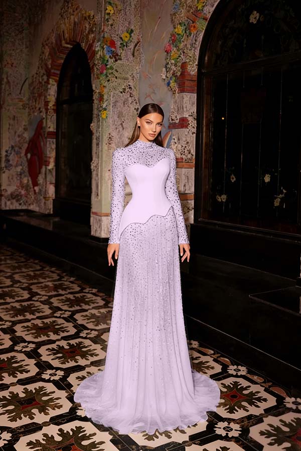 Stunning Ink Blue High Neck Long Sleeves Rhinestone Sweep Prom Dress