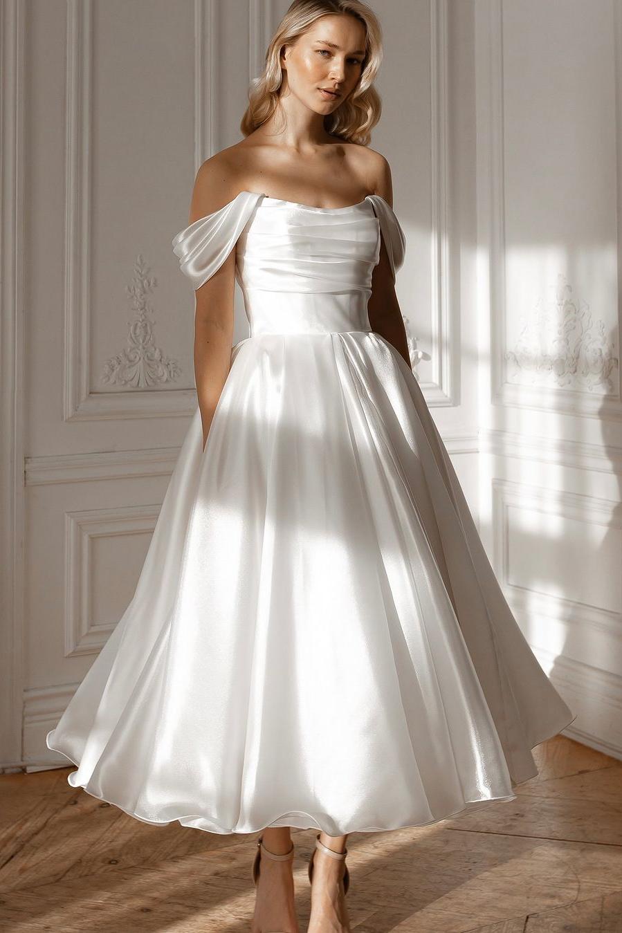 Exquisite White Satin Strapless Off the Shoulder A Line Prom Dress with Ruffles