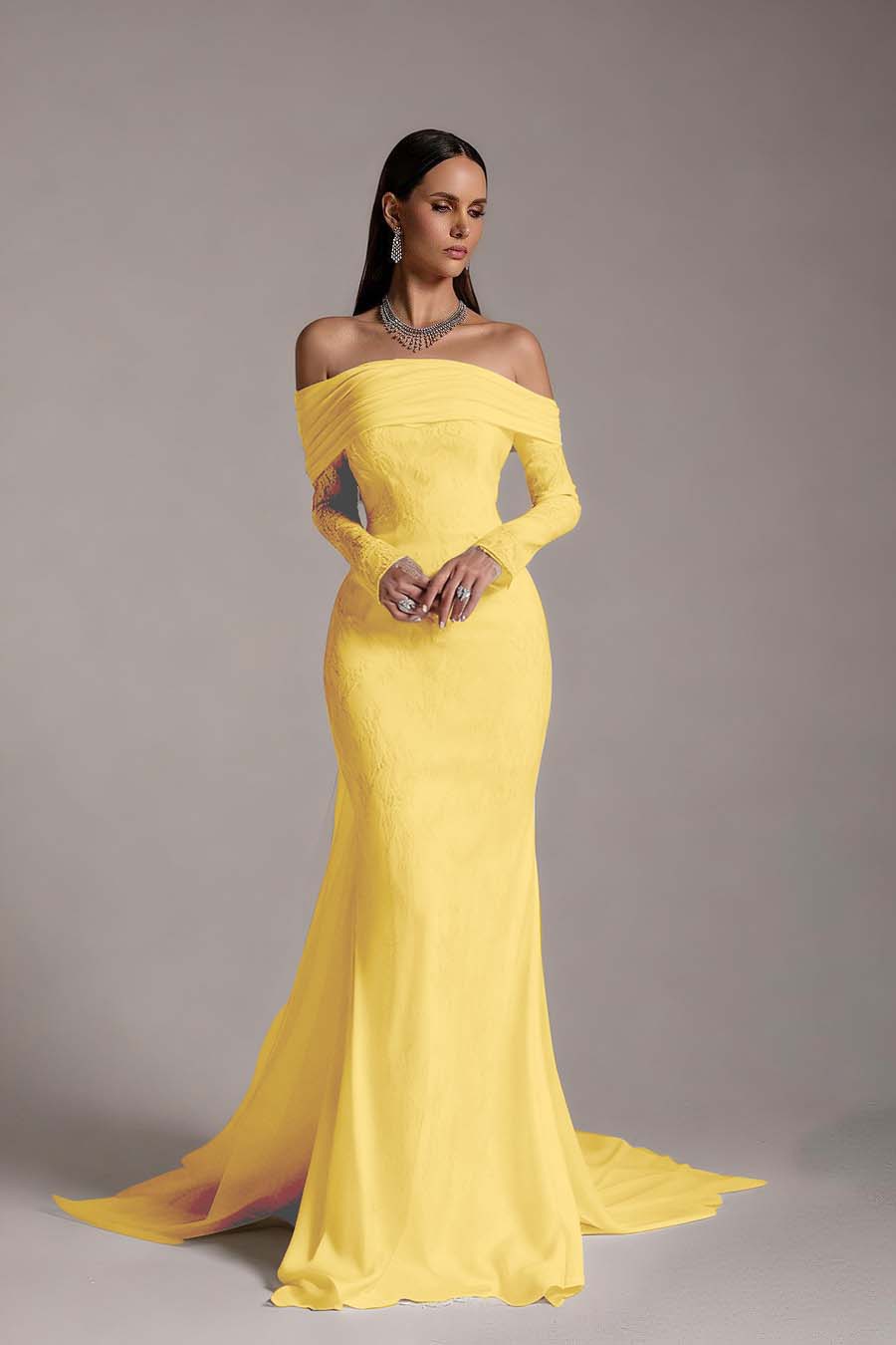 Stunning Prints Off the Shoulder Long Sleeves Mermaid Prom Dress with Pleated