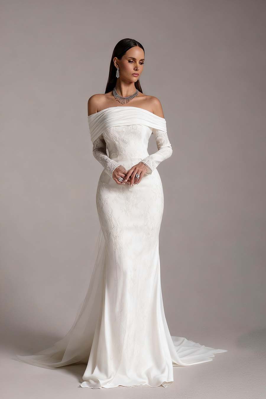Stunning Prints Off the Shoulder Long Sleeves Mermaid Prom Dress with Pleated