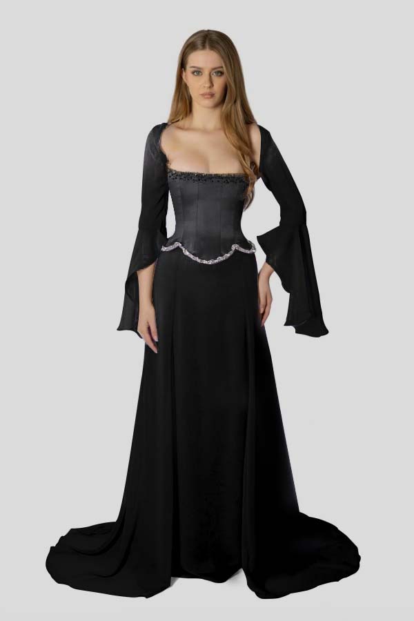 Stunning Square Neck Beaded Long Ruffles Sleeves Prom Dress