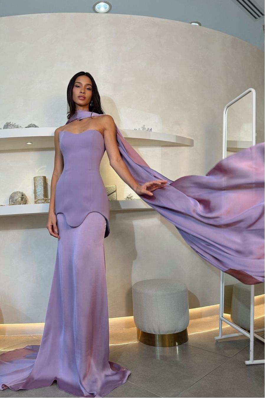 Amazing Purple Satin Strapless Sleeveless Long Slim Prom Dress with Scarf
